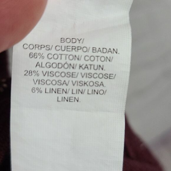 Lucky Brand Burgundy Print Ruched Sleeve Thermal Tee Linen Knit Shirt Medium Top - Picture 9 of 13